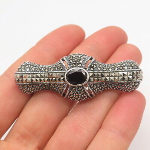Jewelry - 925 Sterling Silver Vintage Judith Jack Black Spinel & Marcasite Gem Pin Brooch